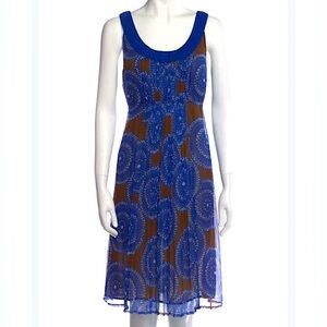Tory Burch Silk Blue Brown Florisa Sleeveless Dress Geometric Circle Print Sz 12